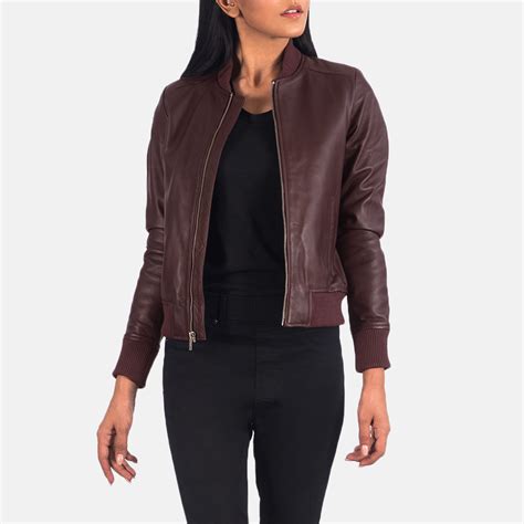 Womens Bliss Maroon Leather Bomber Jacket