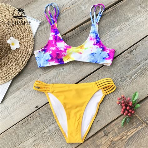 Cupshe Colourful Tie Dye Bikini Sets Women Solid Thong Strappy Two Pieces Swimwear 2018 Sexy