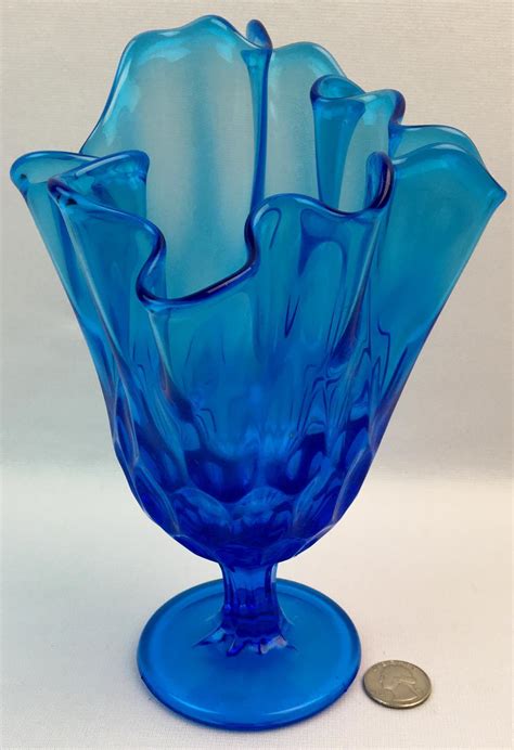 Fenton Colonial Blue Thumbprint Glass Compote Ruffled Edge Collectible Glass Art And Collectibles