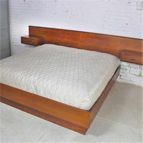 Vintage Scandinavian Modern Teak King Platform Bed With Attached Night