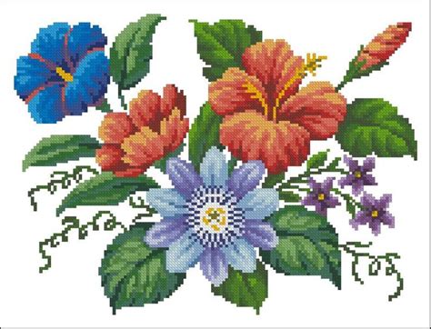 Floral Cross Stitch Pattern Hibiscus With Passionflower Etsy Floral