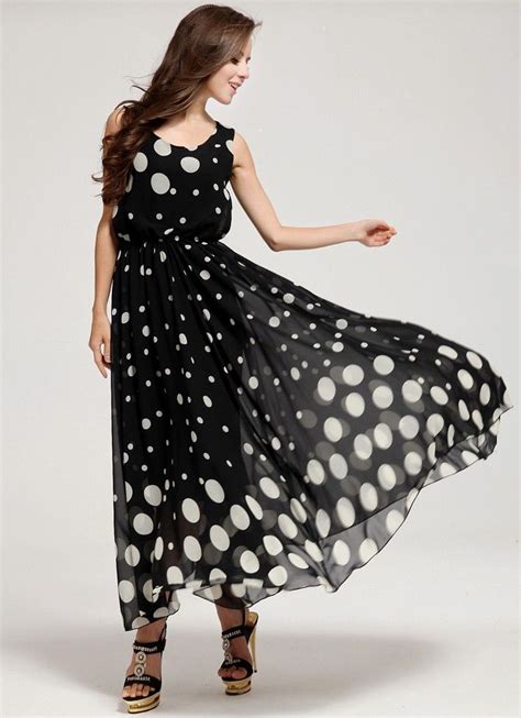 black polka dot round neck chiffon maxi dress style maxi dress sleeveless maxi dress pleated