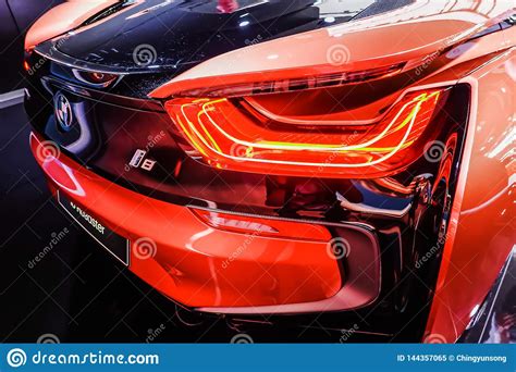 Rear View Of A Bmw I8 Roadster Sports Car Showcased At The