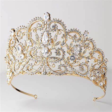 Antique Gold Dazzling Tiara Encrusted With Clear Rhinestones And A