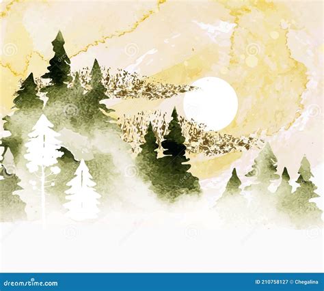 Watercolor Vector Landscape With Coniferous Forest And Sunrise In Green
