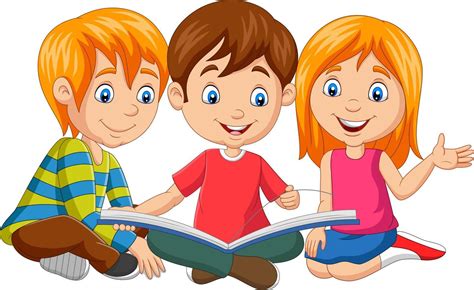 niños felices de dibujos animados leyendo un libro Vector en