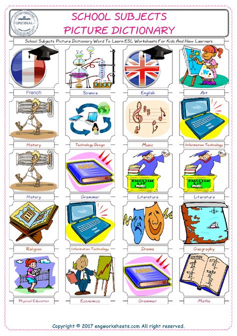 School Subjects Picture Dictionary Word To Learn Esl Worksheets For