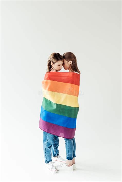 Lesbian Couple Wrapped In Rainbow Flag Stock Image Image Of Standing Affectionate 109983211