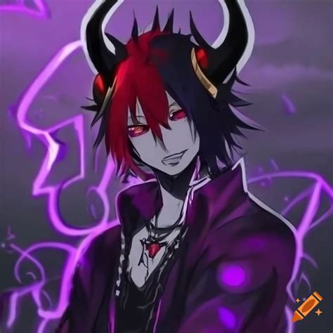 Anime Demon Boy With Horns And Purple Demonic Eyes In A Dark Fantasy