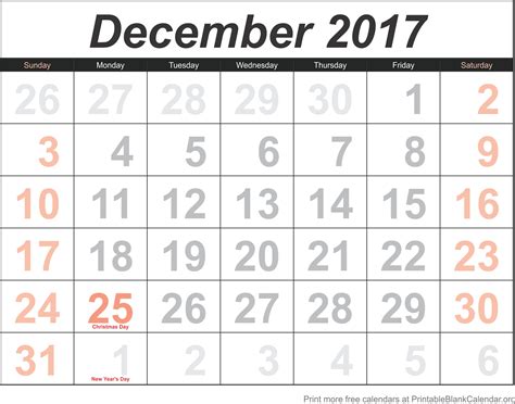 December 2017 Blank Calendar Template Printable Blank