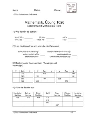 Arbeitsblatt (zahlen 4 bis 8). Zahlen bis 1000 Übungsblatt 1026