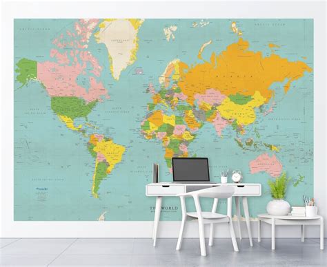 Classic Colors World Political Map Wall Mural Vintage Style Etsy