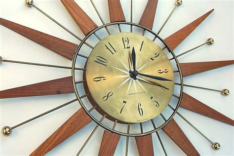 Retro Sunburst Starburst Teak Wood Westclox Wall Clock