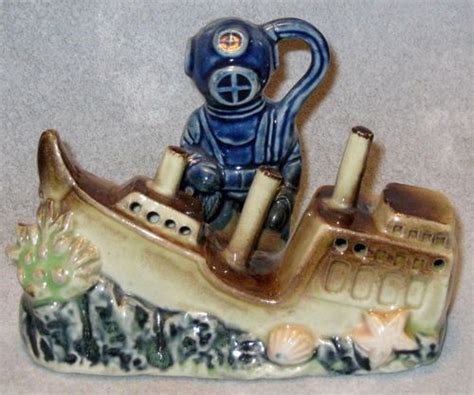 Vintage Aquarium Ornament Diver W Shipwreck Ceramic Japan Nice Large
