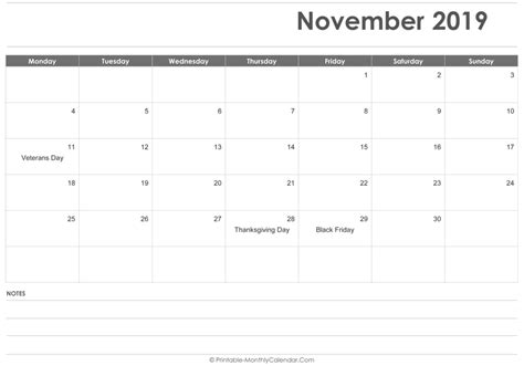 November 2019 Calendar Printable With Holidays