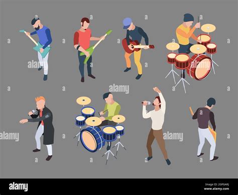 Music Band Isometric Characters Musicians Singers With Microphone Rock