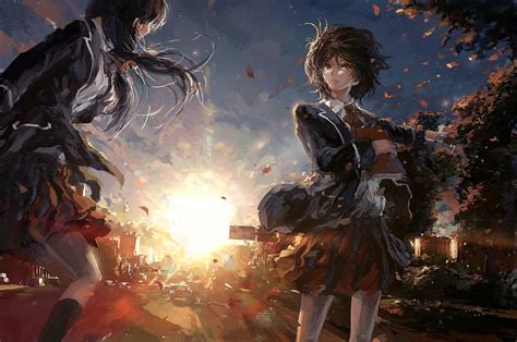 Anime Girls Sunset Sunlight Sunshine Tree Wallpaper 1500x996 568482