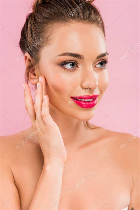 Smiling Naked Beautiful Woman Pink Lips Posing Hand Face Looking