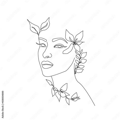 Woman Face With Flowers Line Art Drawing Continuous One Line Drawing