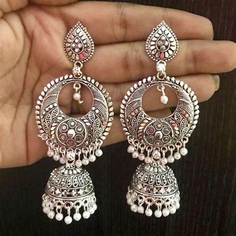 Ethnic Bollywood Oxidized Earrings Silver Plated Handmade Light Weight Jhumka Jhumki Earrings