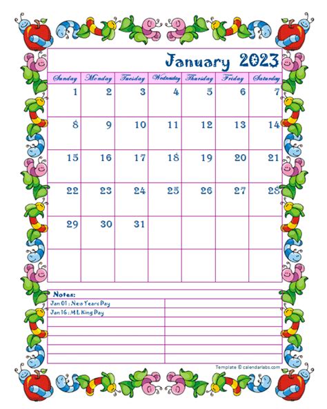 2023 Monthly Cute Kids Calendar Template Free Printable Templates