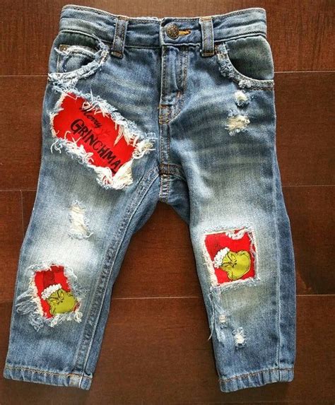 Merry Grinchmas Kids Distressed Patched Jeans For Christmas Wear And