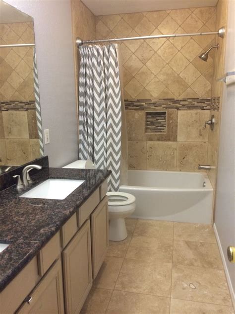 85+ superb bathroom design & remodeling ideas on a budget. Bathroom remodel. Travertine. Tan brown granite. Grey ...