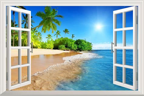 White Beach With Blue Sea And Palm Tree Open Window Mural Wall Decal