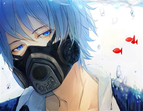 Blue Haired Male Anime Character Wearing Gas Mask