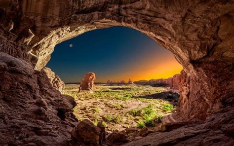 Nature Landscape Utah Sunrise Moon Arches National
