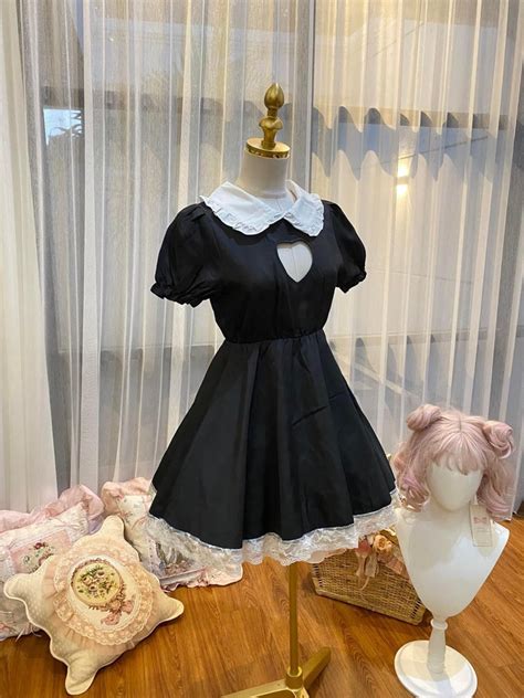 Lolita Kawaii Maid Black And White Heart Mini Dress Fesyen Wanita Pakaian Wanita Gaun Rok