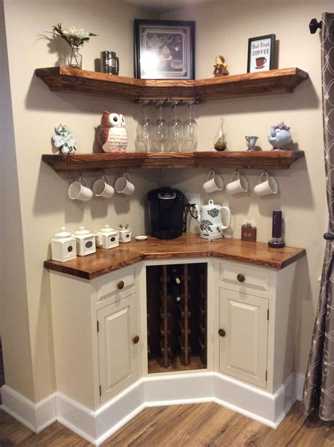 Everyone yearns for that freshly perked cup of coffee before the sun rises so they can begin their day the right way. Built in Corner coffee / wine bar | Home decor, Home diy ...