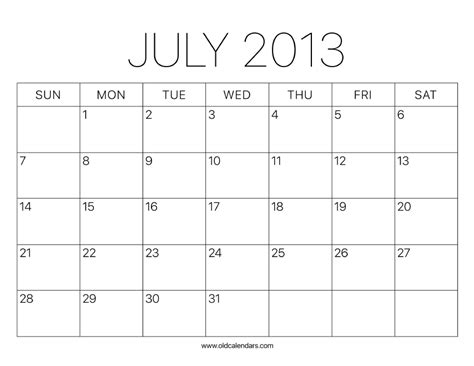 2013 Calendar July Printable Old Calendars