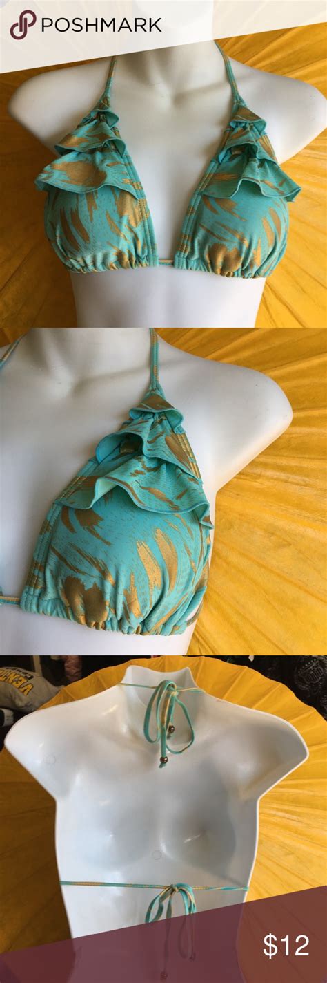 La Hearts Turquoise And Gold Ruffle Bikini Top L Ruffled Bikini Top