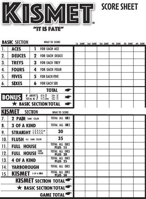 Kismet Game Score Sheet Printable
