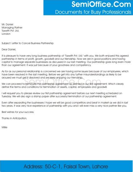 Business proposal letter for partnership. Letter to Cancel Business Partnership