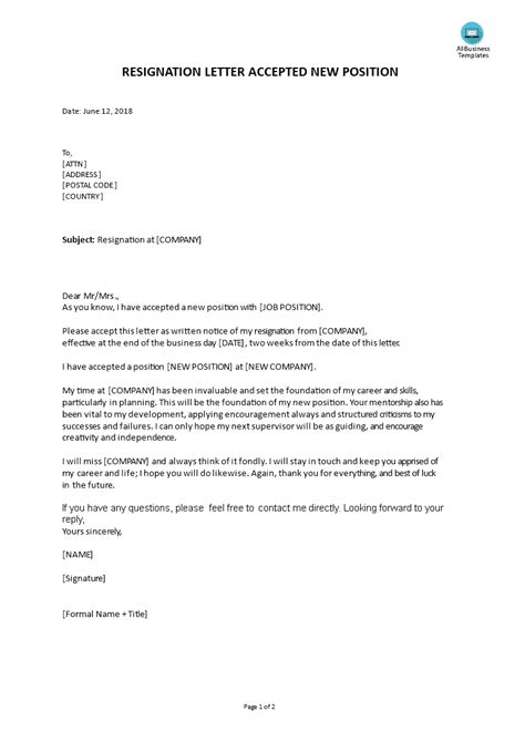 Libreng Resignation Letter Accepted New Position