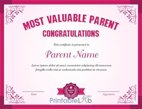 Editable Parent Appreciation Certificate Sample In Hibiscus Rouge And