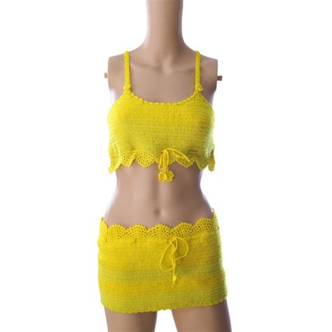 Gulnaaz Creations Bright Yellow Bikini Top And Skirt For Women Crochet