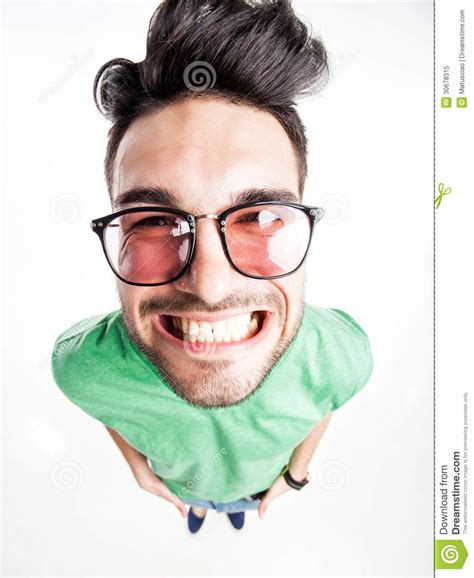 Funny Handsome Man With Hipster Glasses Smiling Wide Stock