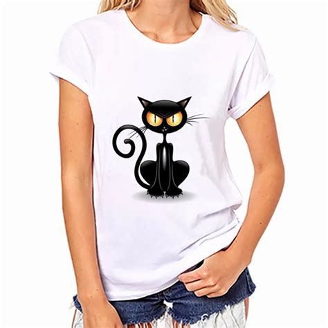 Feitong Women All Match White T Shirt Girls Cute Cat Print Tees Shirt Short Sleeve Cotton Female