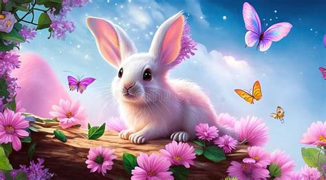 Illustration Of Fairy Easter Bunny With Flowers And Butterflies