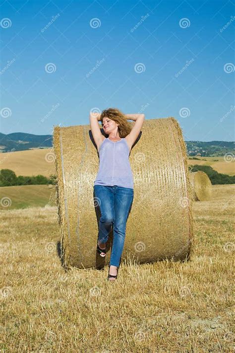 Girl Resting On Hay Stock Image Image Of Jeans Adult 26981741