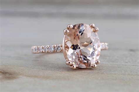 14k Rose Gold Elongated Oval Cut Pink Morganite Diamond Engagement Rin