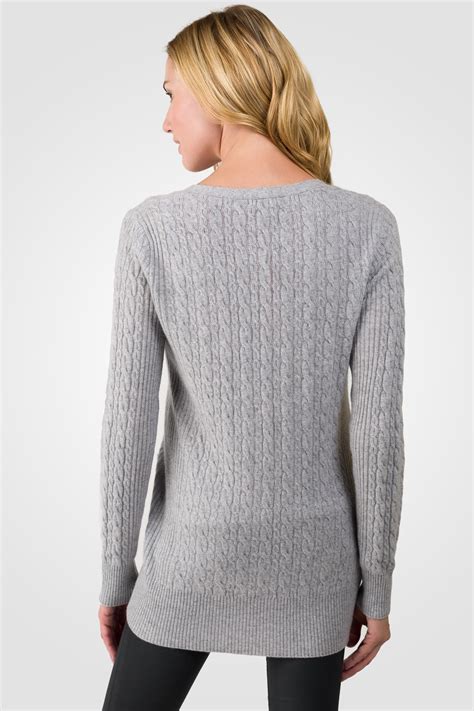 Grey Cashmere Cable Knit V Neck Long Cardigan Sweater Jennie Liu