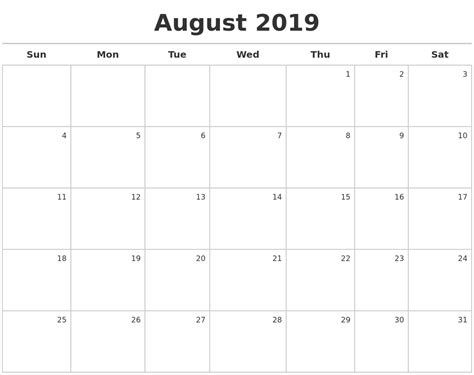 August 2019 Calendar Maker