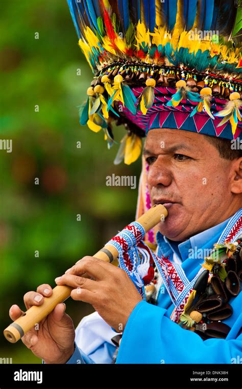 a colombian kamentsá shaman wearing a colorful feather headgear plays flute during the