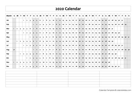 Printable Template For Blank 2020 Year At A Glance Calendar Calendar