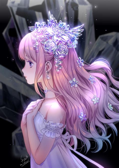Safebooru 1girl Bare Shoulders Crystal Dress Earrings Fantasy Foomidori Hair Ornament Highres
