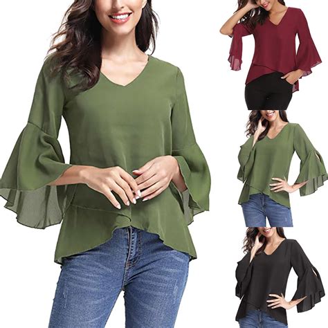 feitong 2018 women summer v neck bell sleeve solid chiffon tunic tops blouse shirt in blouses